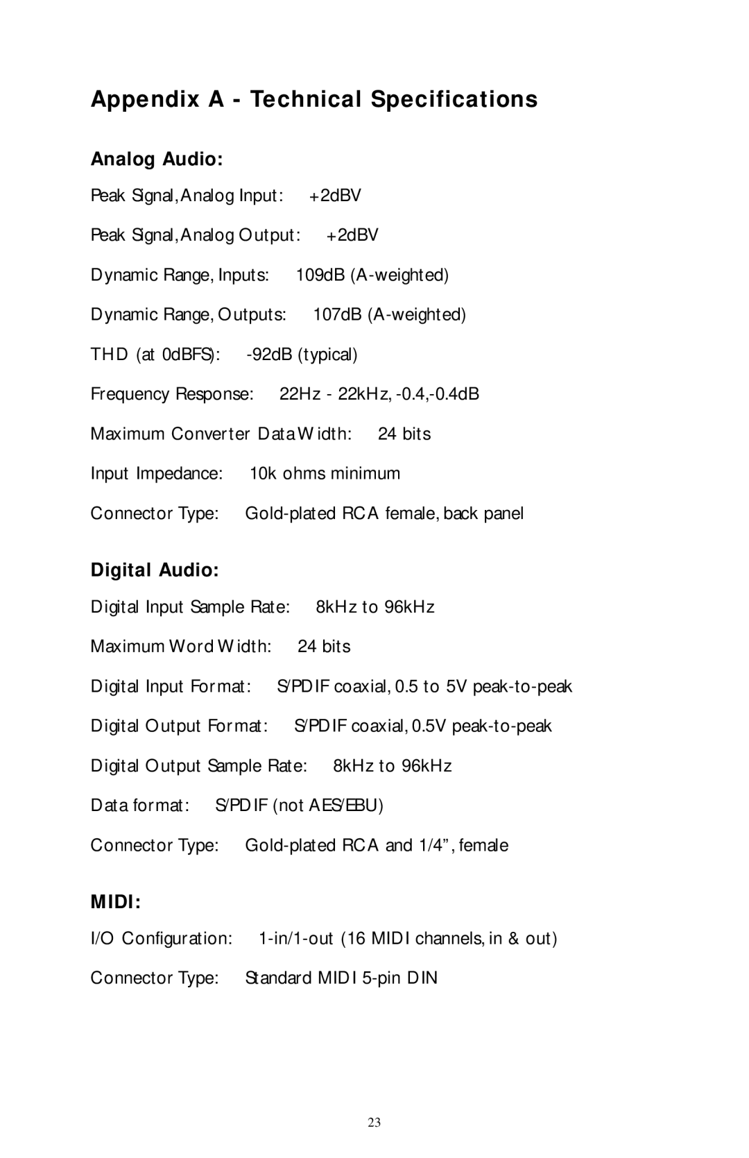 M-Audio Audiophile owner manual Appendix a Technical Specifications, Analog Audio, Digital Audio 