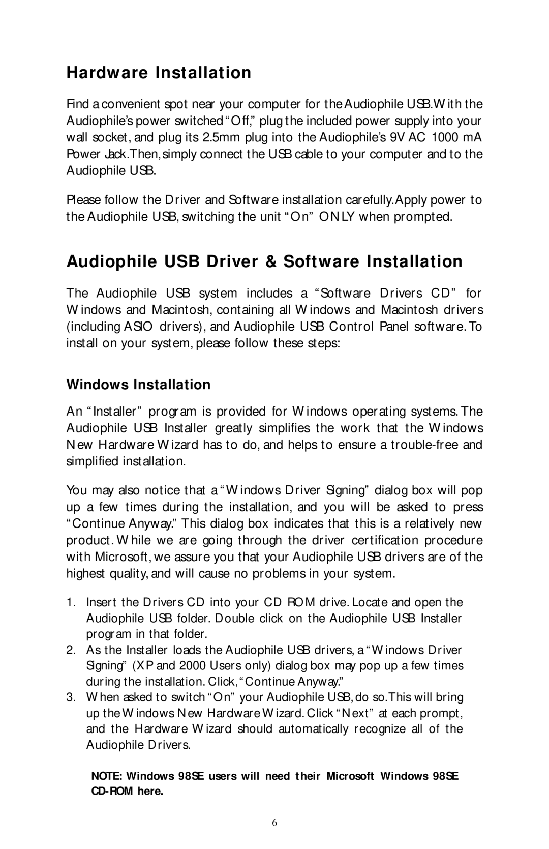 M-Audio owner manual Hardware Installation, Audiophile USB Driver & Software Installation, Windows Installation 