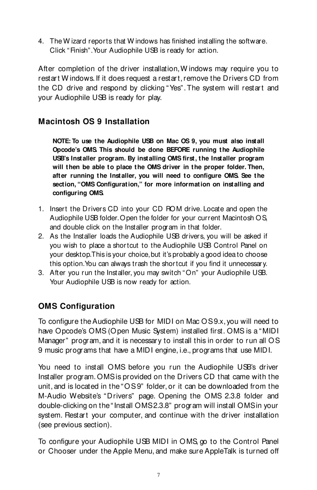 M-Audio Audiophile owner manual Macintosh OS 9 Installation, OMS Configuration 