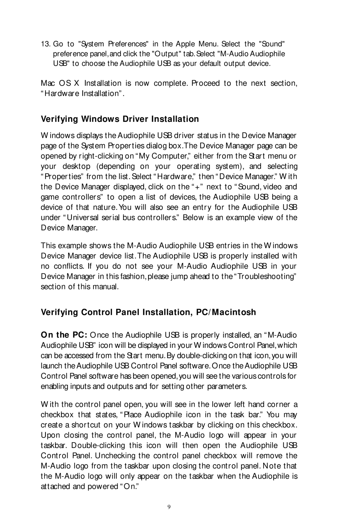 M-Audio Audiophile owner manual Verifying Windows Driver Installation, Verifying Control Panel Installation, PC/Macintosh 