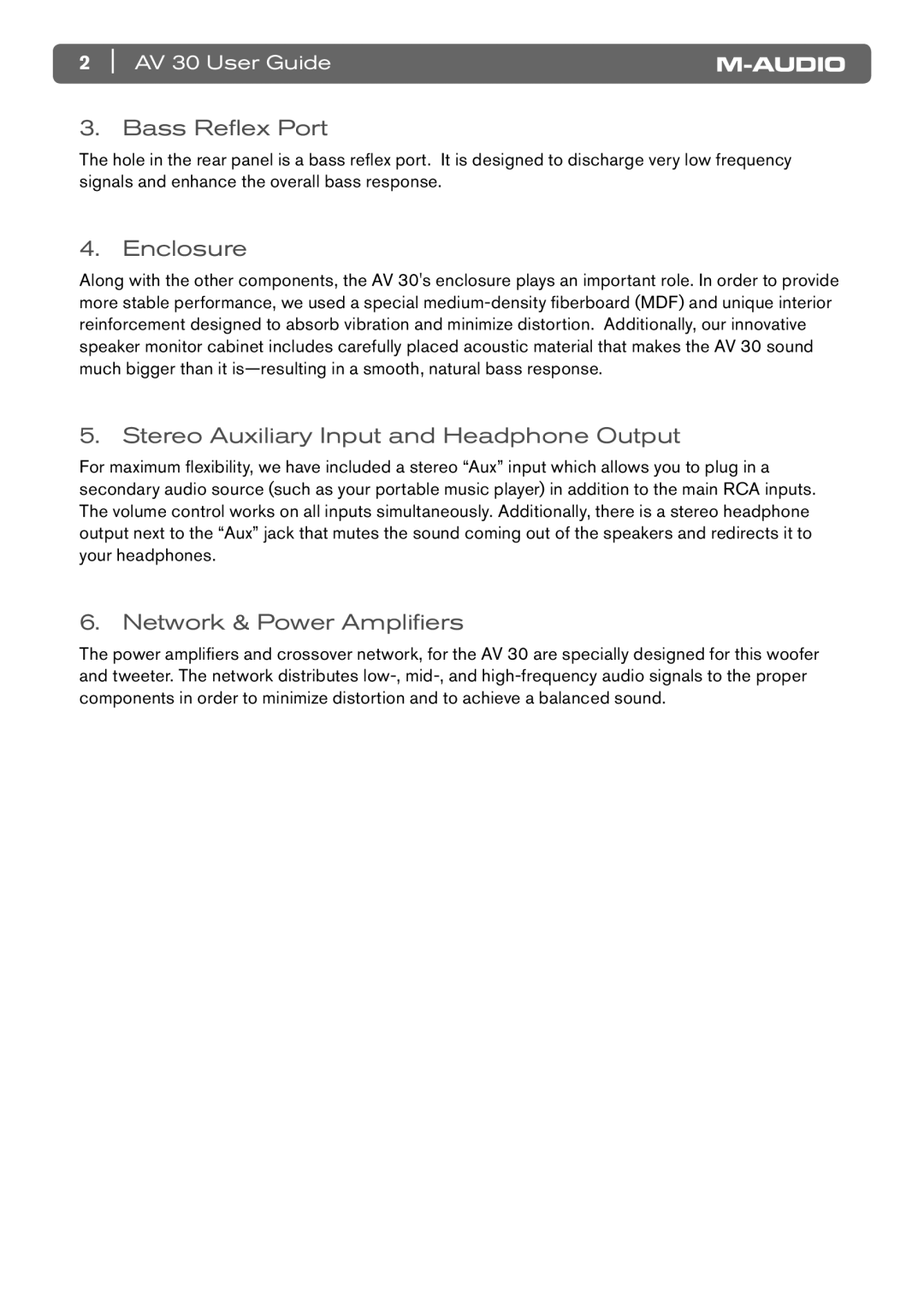 M-Audio AV 30 manual Bass Reflex Port, Enclosure, Stereo Auxiliary Input and Headphone Output, Network & Power Amplifiers 