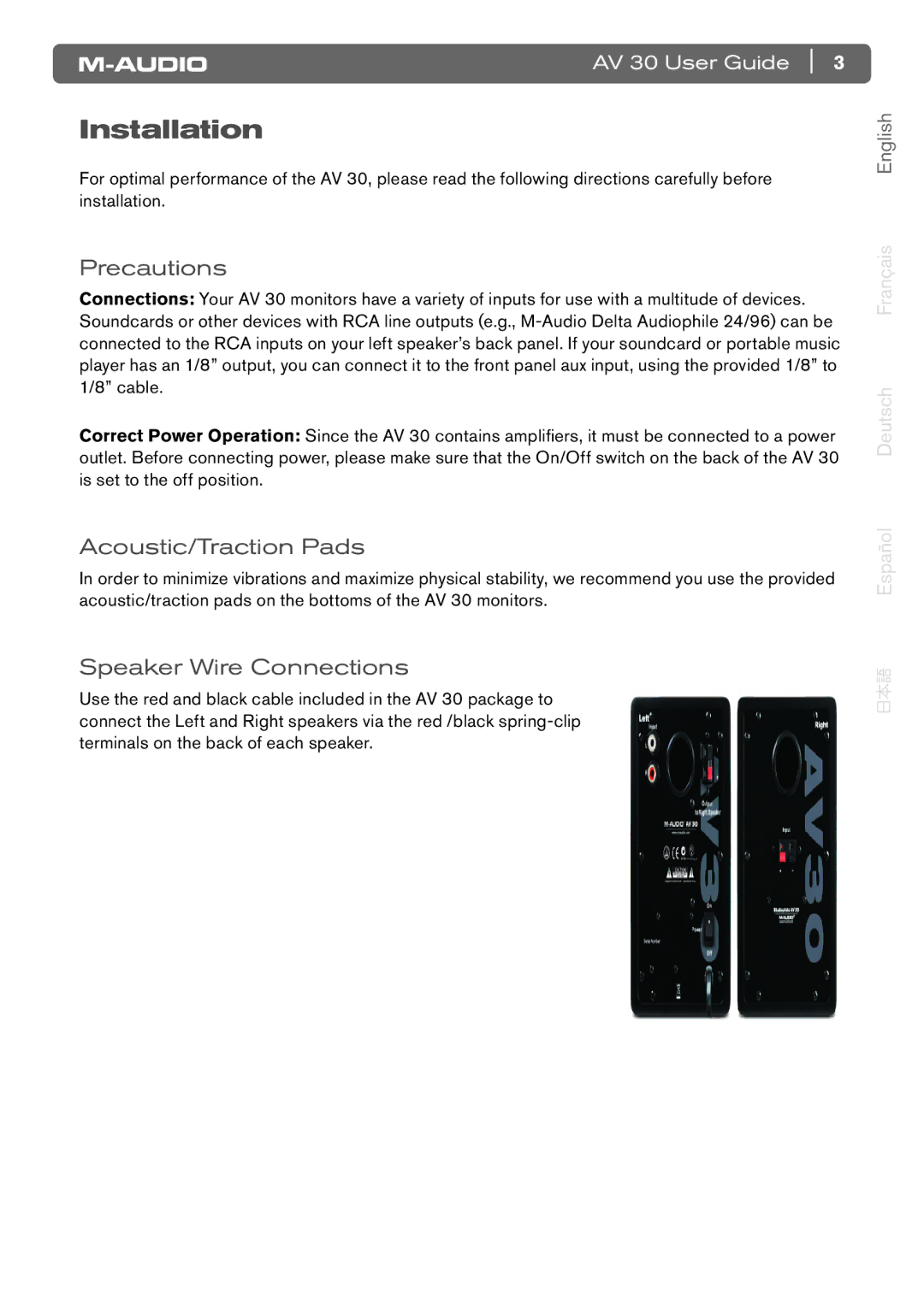 M-Audio AV 30 manual Installation, Precautions, Acoustic/Traction Pads, Speaker Wire Connections 