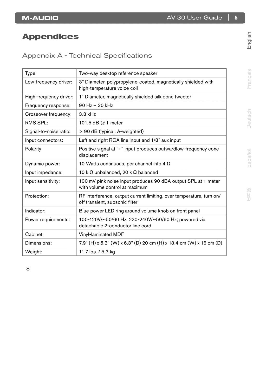 M-Audio AV 30 manual Appendices, Appendix a Technical Specifications 