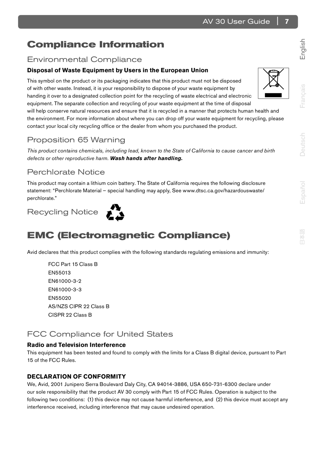 M-Audio AV 30 manual Compliance Information, EMC Electromagnetic Compliance 