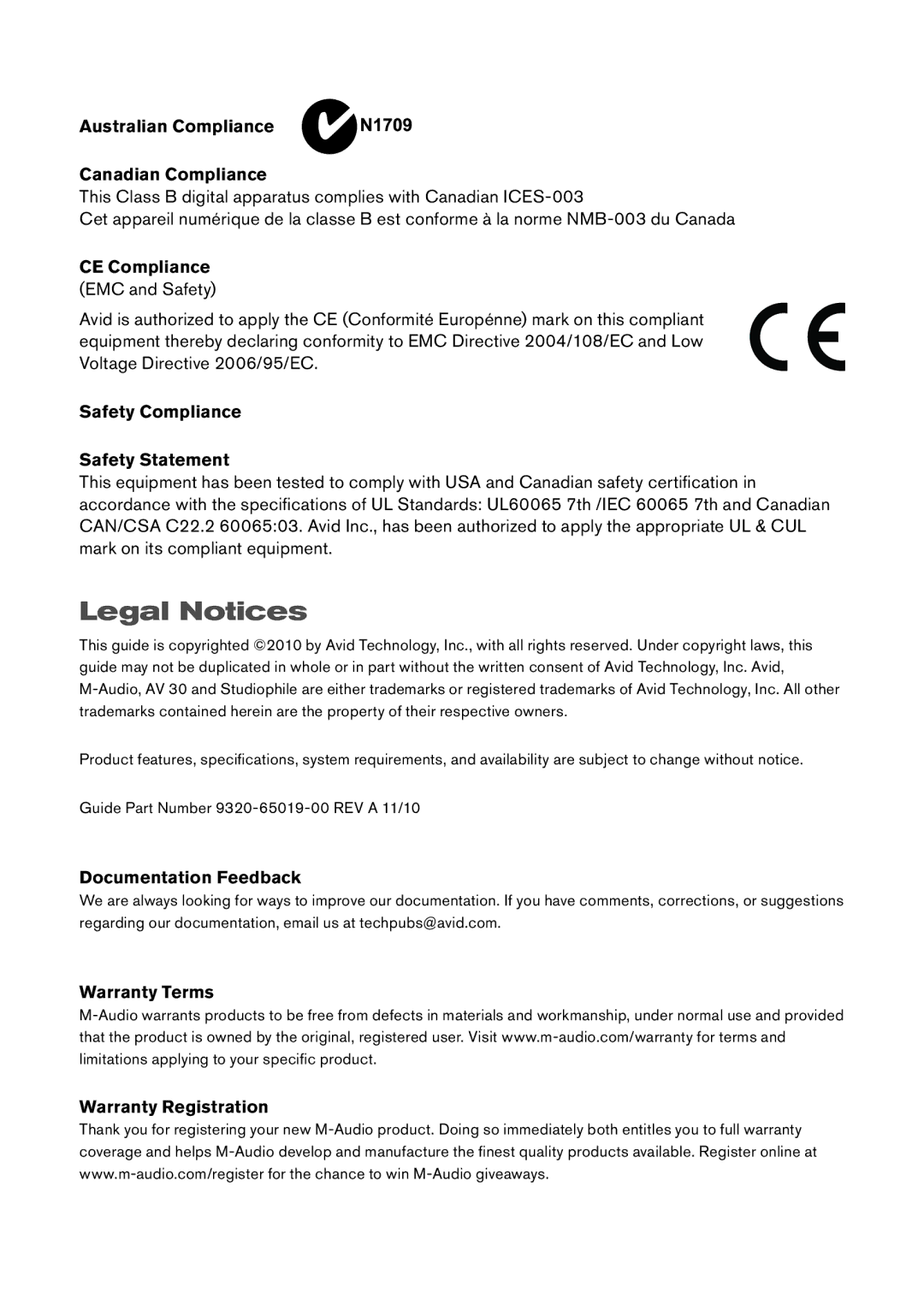 M-Audio AV 30 manual Legal Notices, Australian Compliance Canadian Compliance 