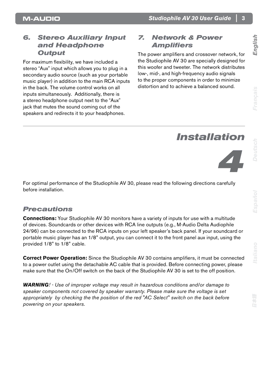 M-Audio AV 30 manual Installation, Stereo Auxiliary Input and Headphone Output, Network & Power Amplifiers, Precautions 