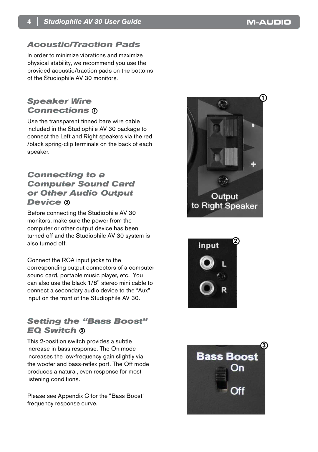 M-Audio AV 30 manual Acoustic/Traction Pads, Speaker Wire Connections, Setting the Bass Boost EQ Switch 