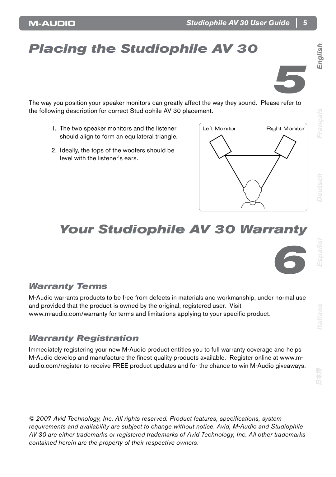 M-Audio manual Placing the Studiophile AV, Your Studiophile AV 30 Warranty, Warranty Terms Warranty Registration 