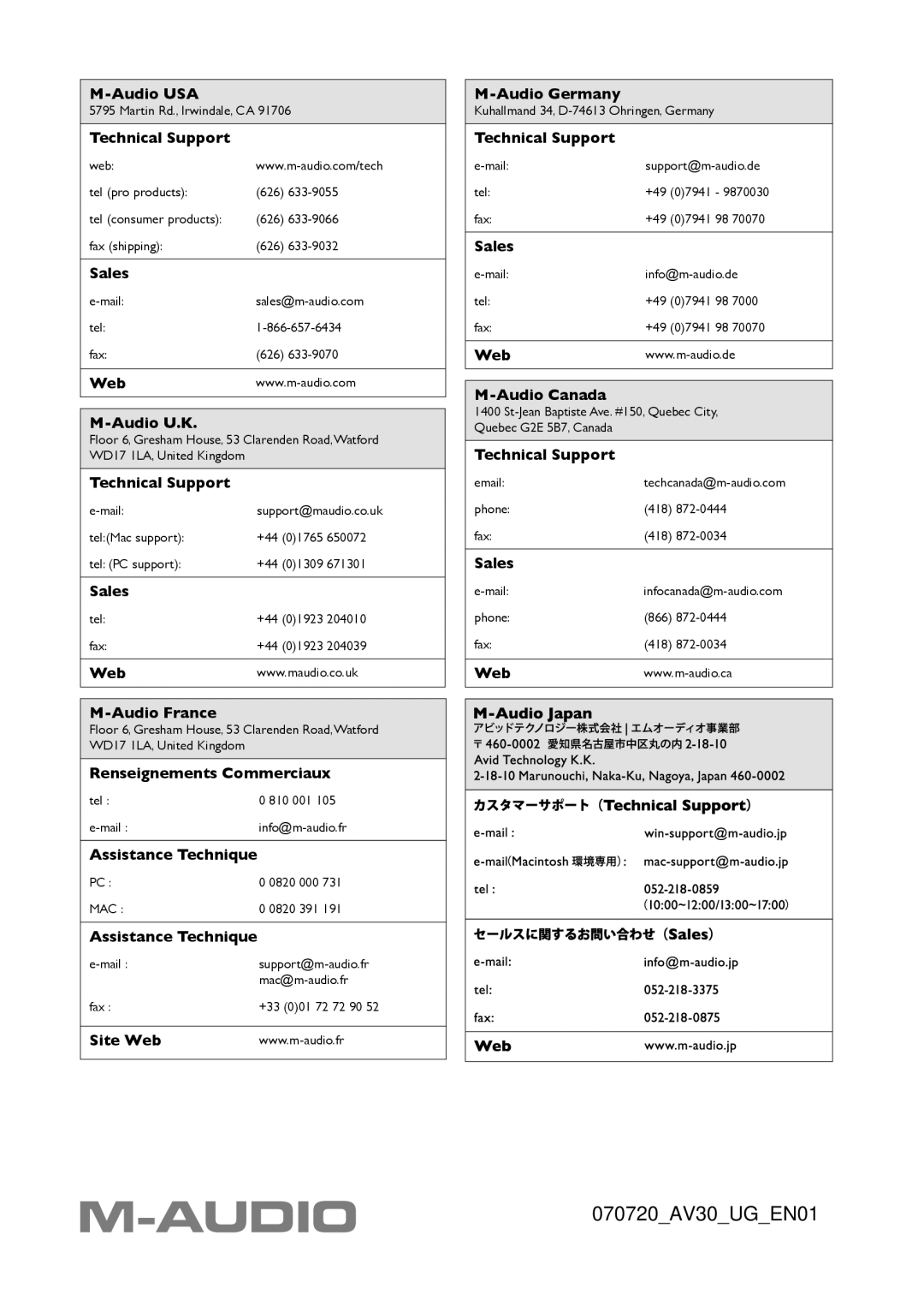 M-Audio AV 30 manual 070720AV30UGEN01 