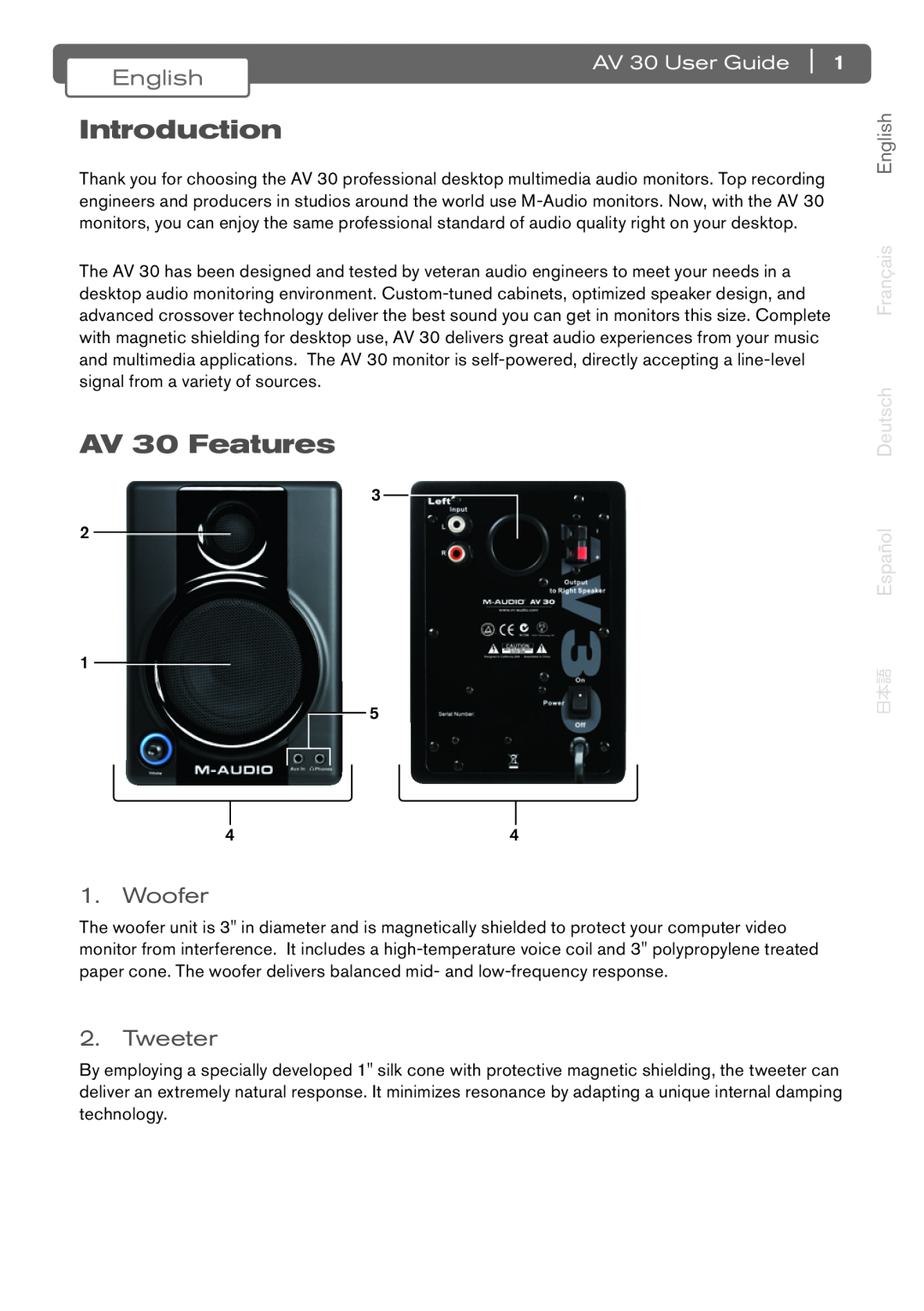 M-Audio manual Introduction, AV 30 Features, Woofer, Tweeter, AV 30 User Guide, 日本語 Español Deutsch Français English 