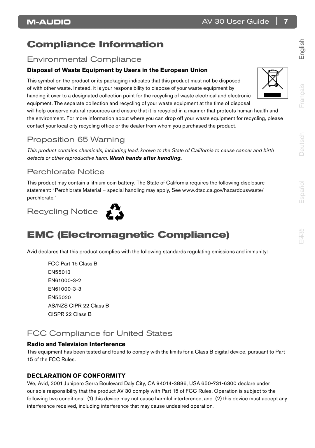 M-Audio AV 30 Compliance Information, EMC Electromagnetic Compliance, Environmental Compliance, Proposition 65 Warning 
