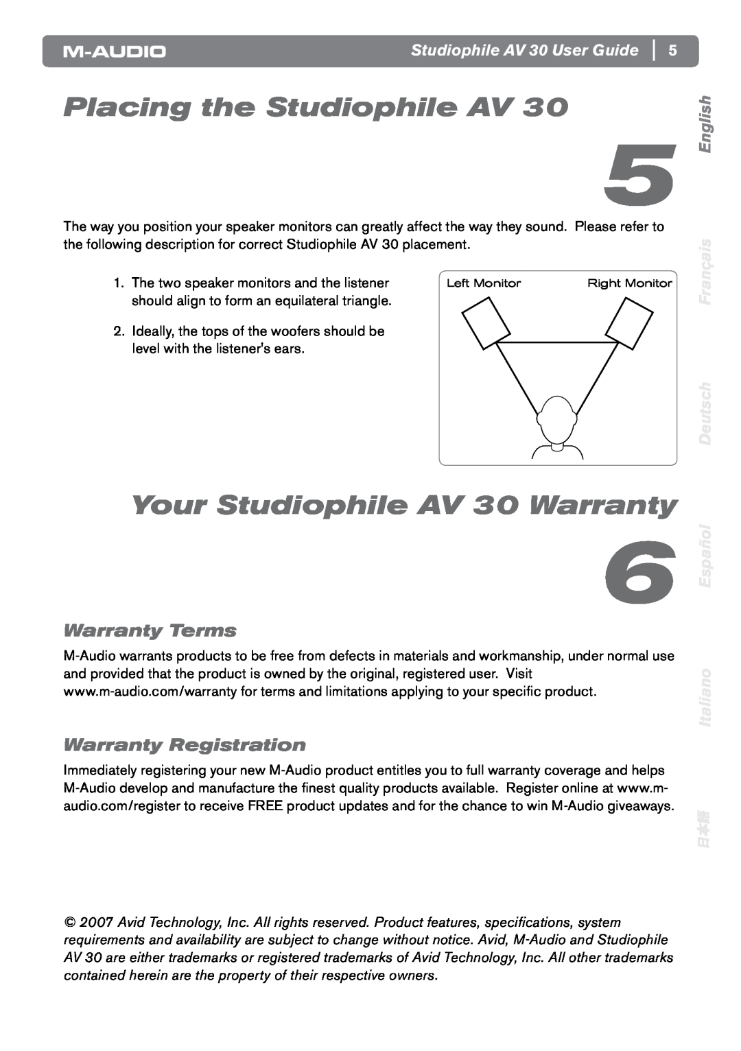 M-Audio Placing the Studiophile AV, Your Studiophile AV 30 Warranty, Warranty Terms, Warranty Registration, English 
