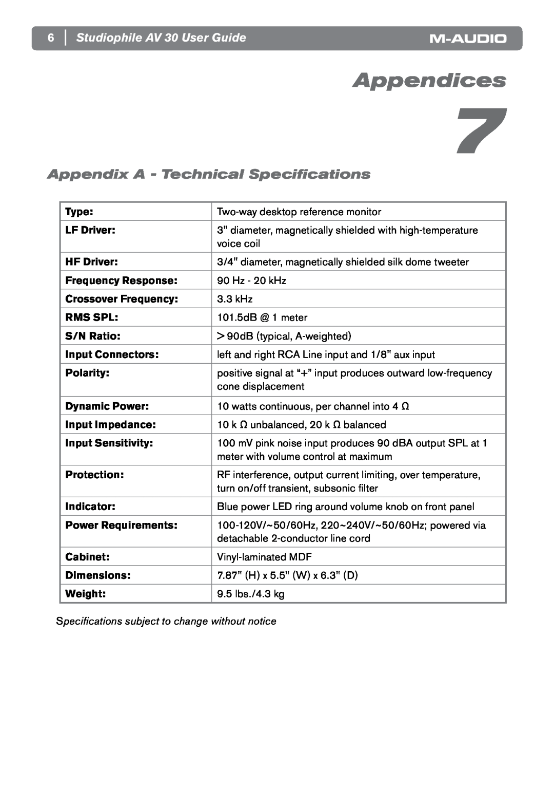 M-Audio manual Appendices, Appendix A - Technical Specifications, Studiophile AV 30 User Guide 
