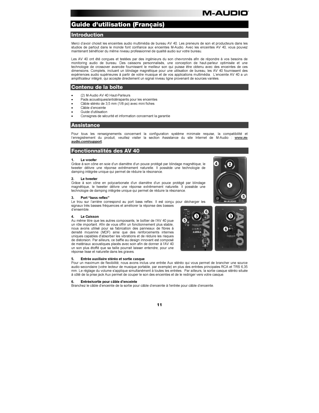 M-Audio AV 40 manual Guide dutilisation Français, Contenu de la boîte, Assistance Fonctionnalités des AV 