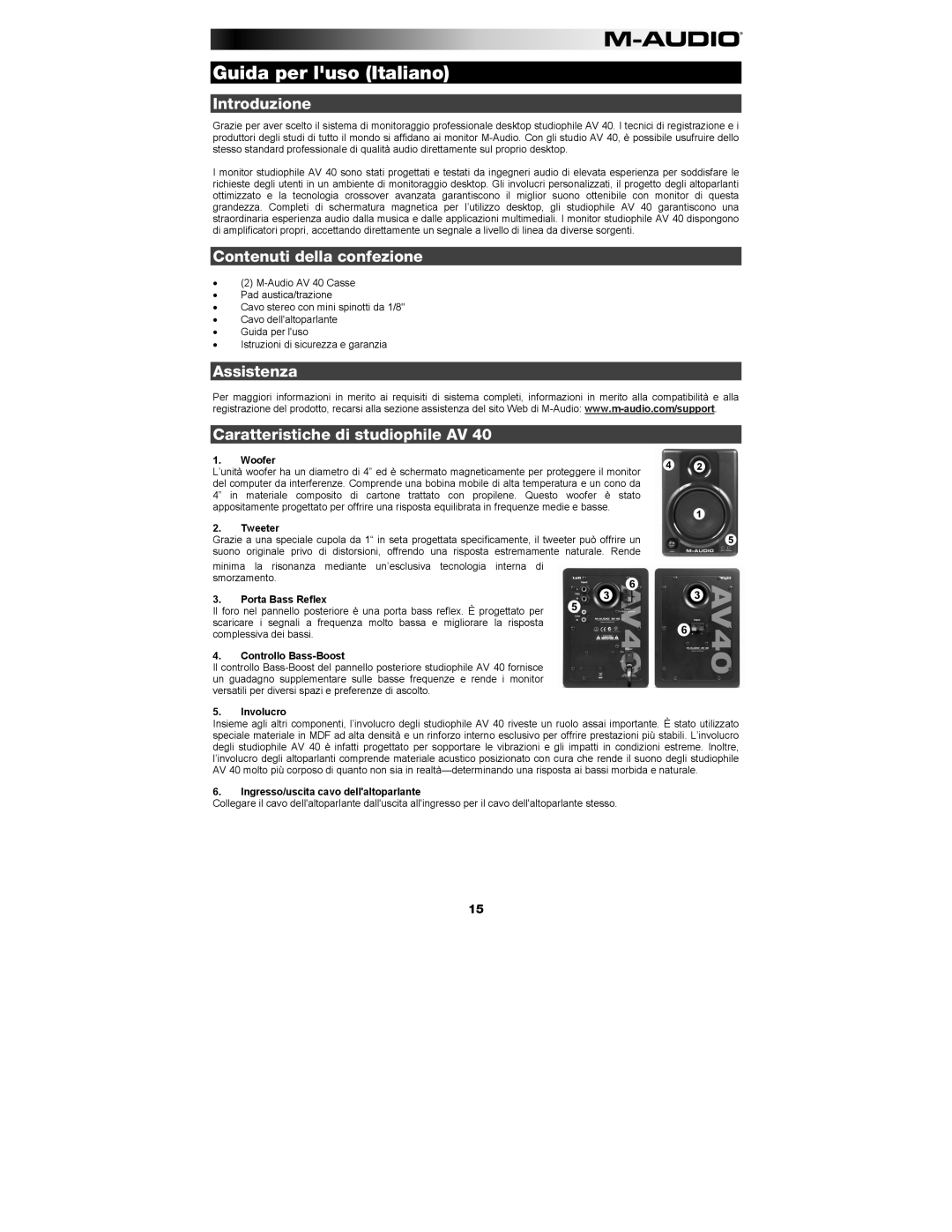 M-Audio AV 40 manual Guida per luso Italiano, Introduzione, Contenuti della confezione 