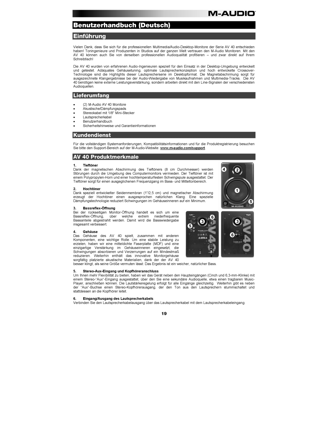 M-Audio manual Benutzerhandbuch Deutsch, Lieferumfang, Kundendienst AV 40 Produktmerkmale 