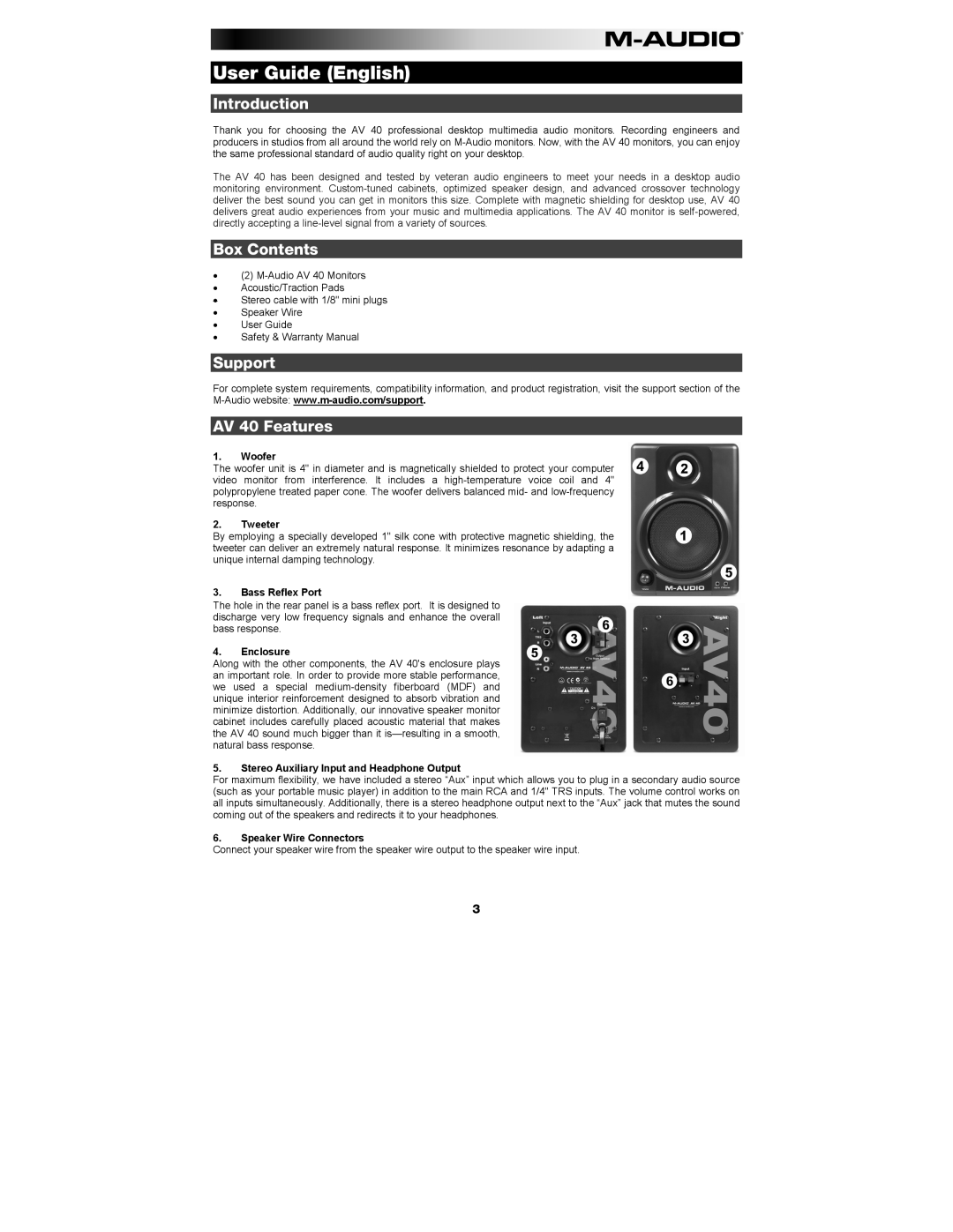 M-Audio manual User Guide English, Introduction, Box Contents, Support AV 40 Features 