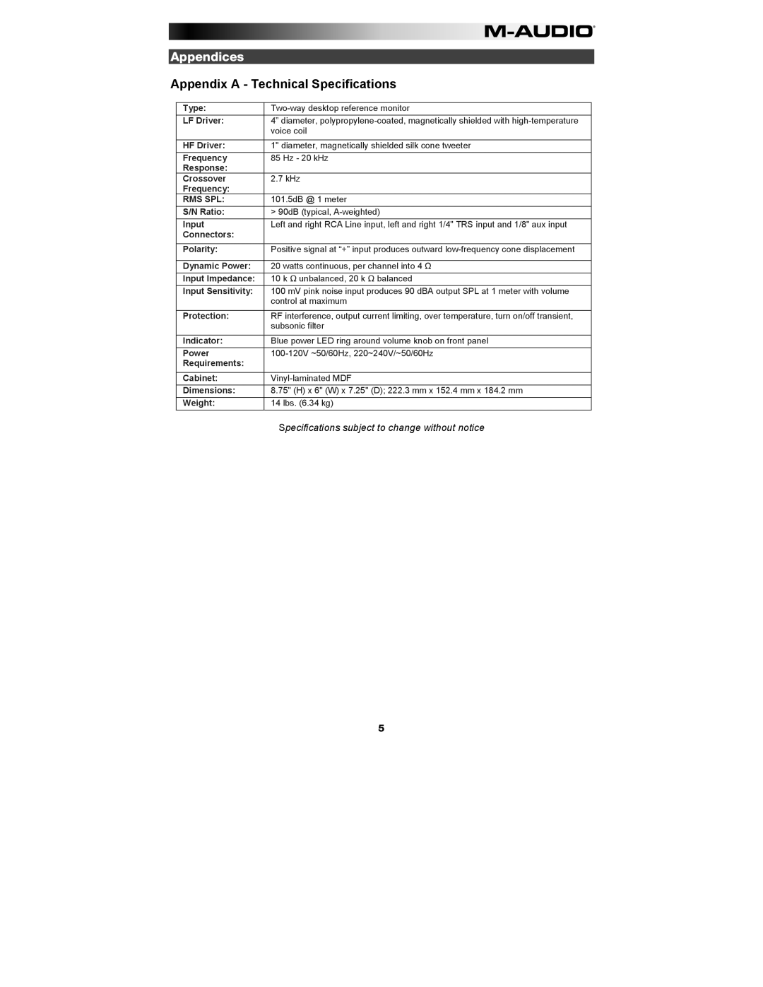 M-Audio AV 40 manual Appendices, Appendix a Technical Specifications 