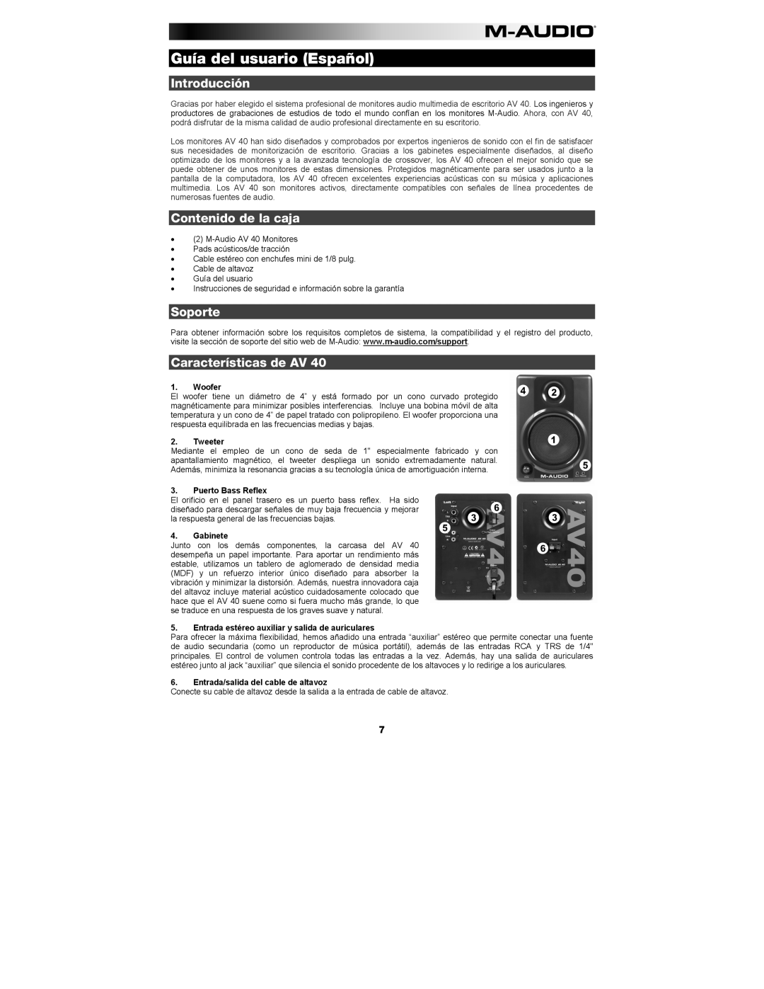 M-Audio AV 40 manual Guía del usuario Español, Introducción, Contenido de la caja, Soporte, Características de AV, Woofer 