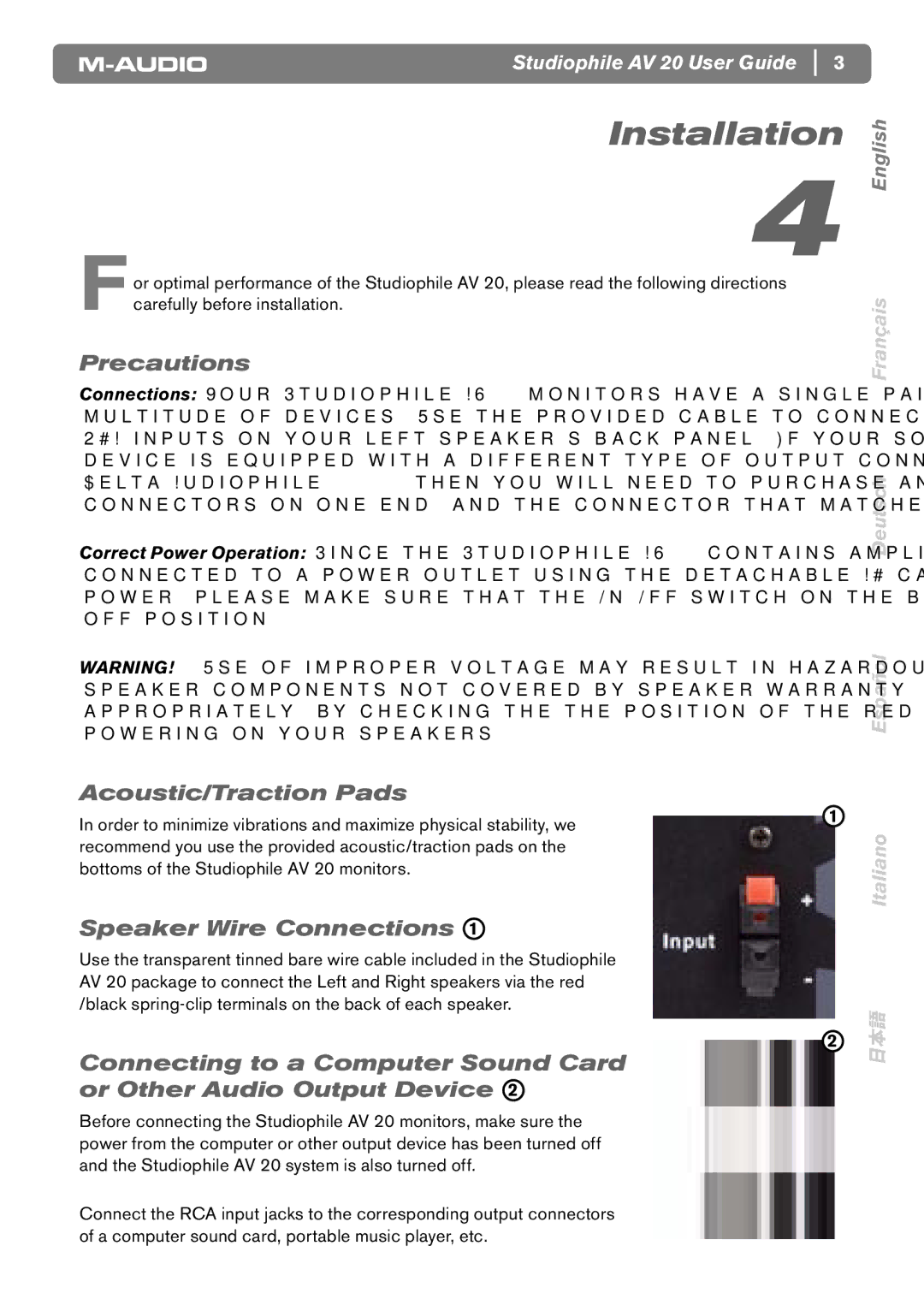 M-Audio AV20 manual Installation, Precautions, Acoustic/Traction Pads, Speaker Wire Connections 