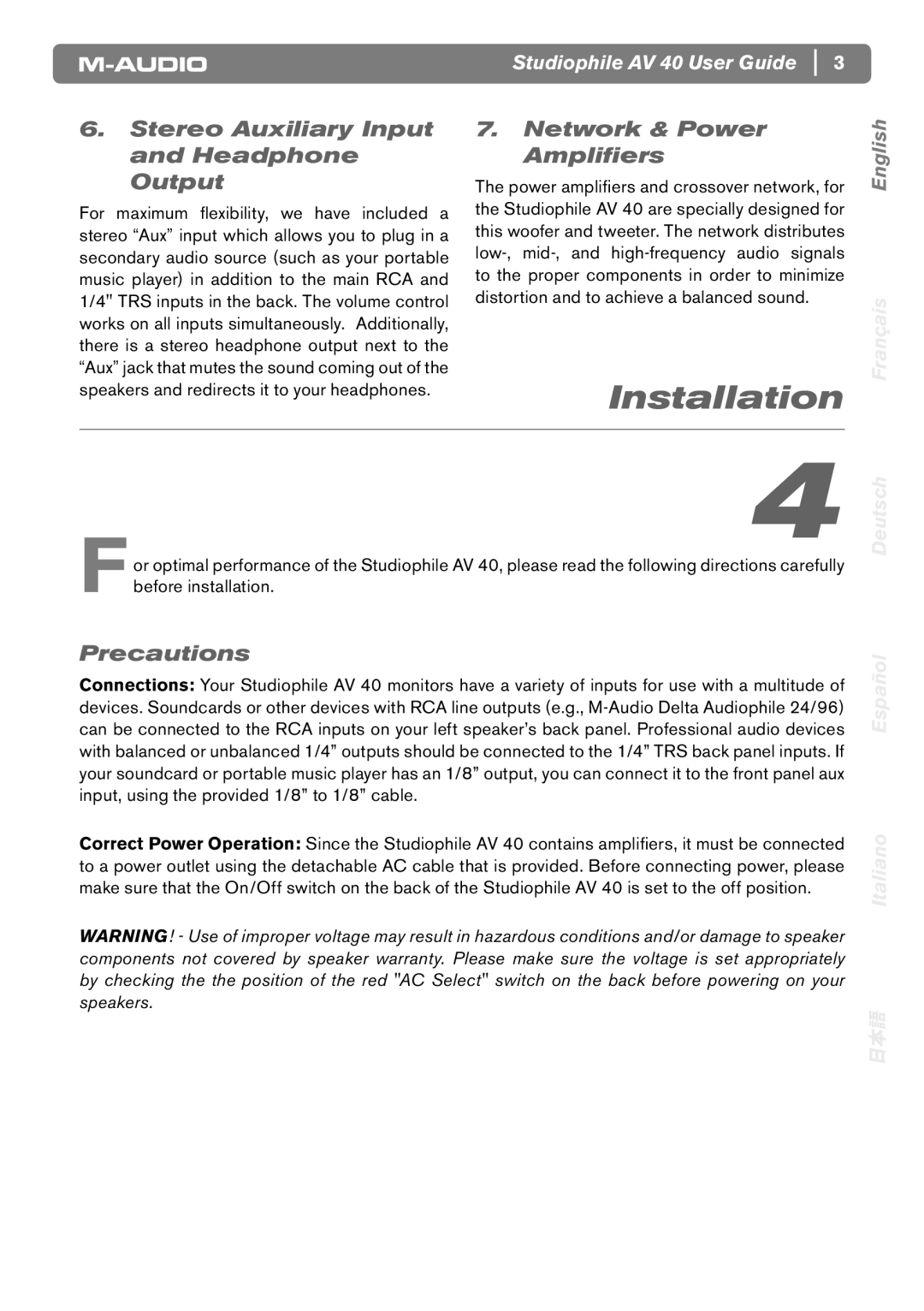 M-Audio AV40 manual Installation, Stereo Auxiliary Input and Headphone Output, Network & Power Ampliﬁers, Precautions 