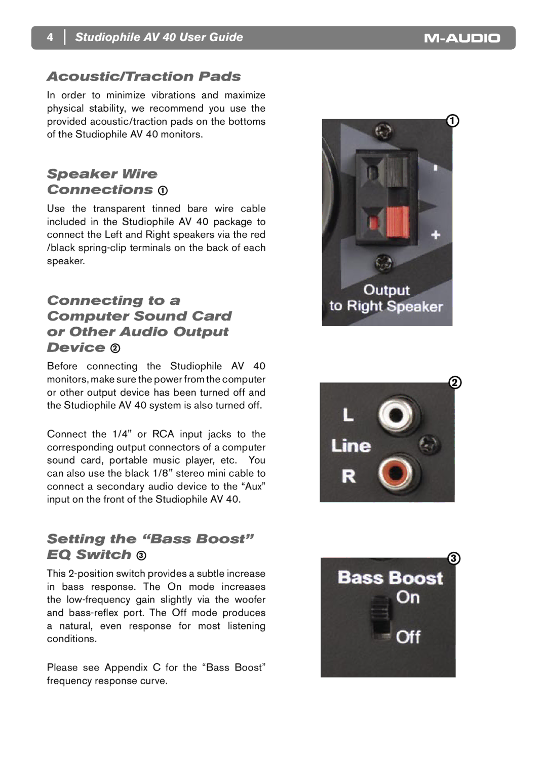 M-Audio AV40 manual Acoustic/Traction Pads, Speaker Wire Connections, Setting the Bass Boost EQ Switch 