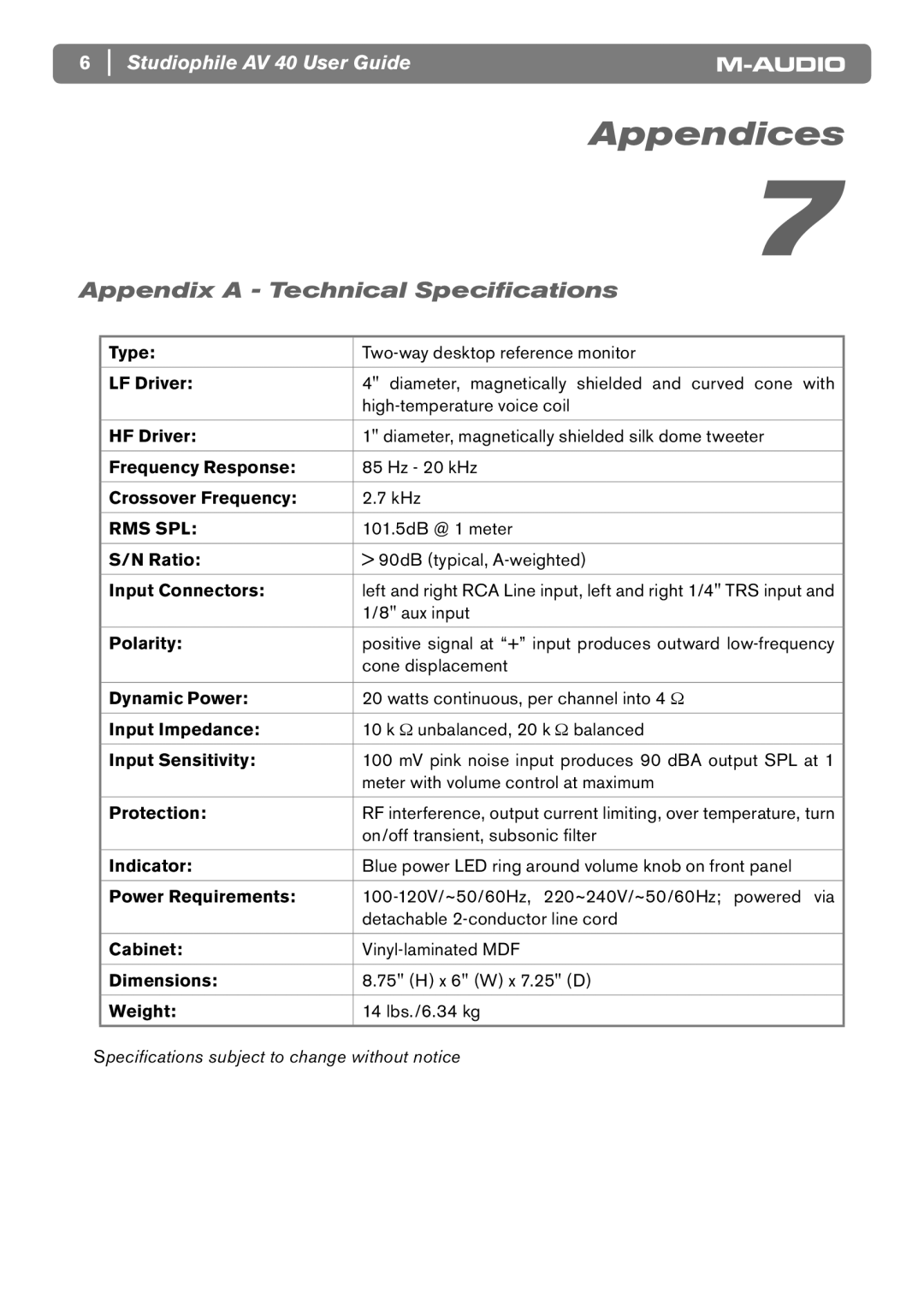 M-Audio AV40 manual Appendices, Appendix a Technical Speciﬁcations 