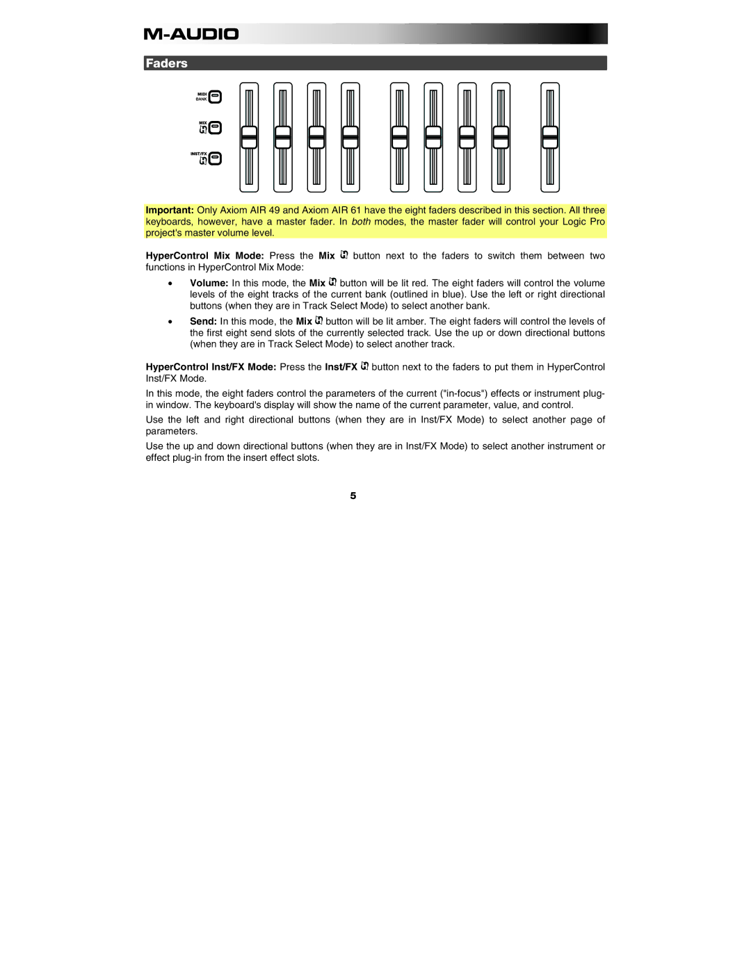 M-Audio AXIOM AIR 25, AXIOM AIR 49, AXIOM AIR 61 manual Faders 