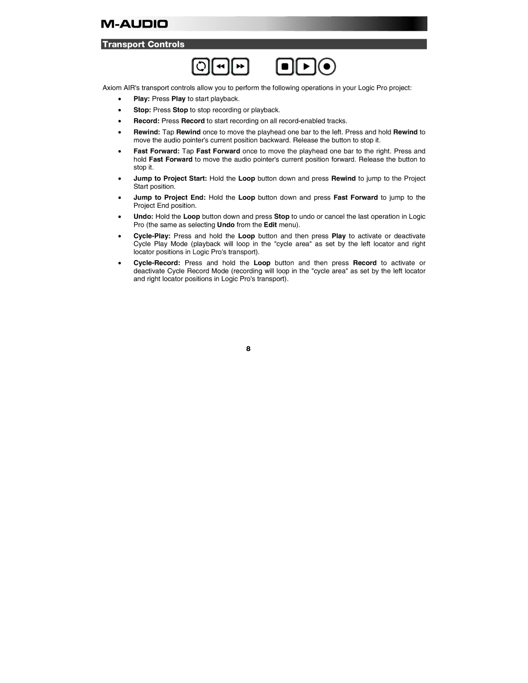 M-Audio AXIOM AIR 25, AXIOM AIR 49, AXIOM AIR 61 manual Transport Controls 
