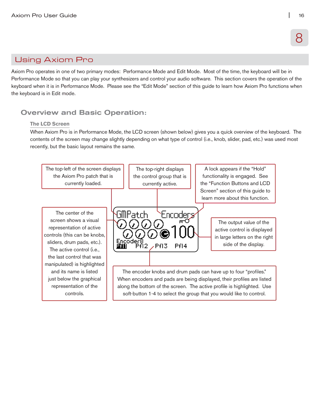 M-Audio manual Using Axiom Pro, Overview and Basic Operation, LCD Screen 