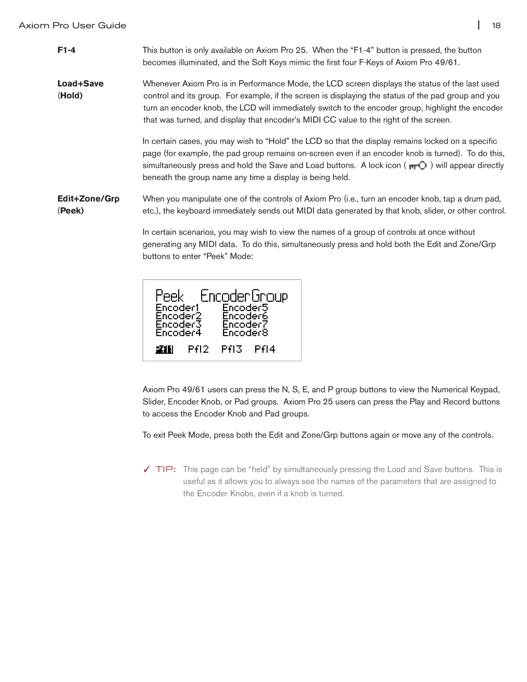 M-Audio Axiom Pro manual F1-4, Load+Save, Hold, Edit+Zone/Grp, Peek 