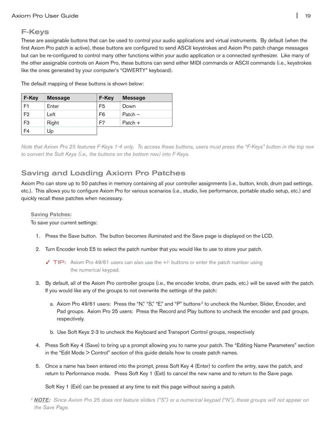 M-Audio manual Keys, Saving and Loading Axiom Pro Patches, Key Message, Saving Patches 