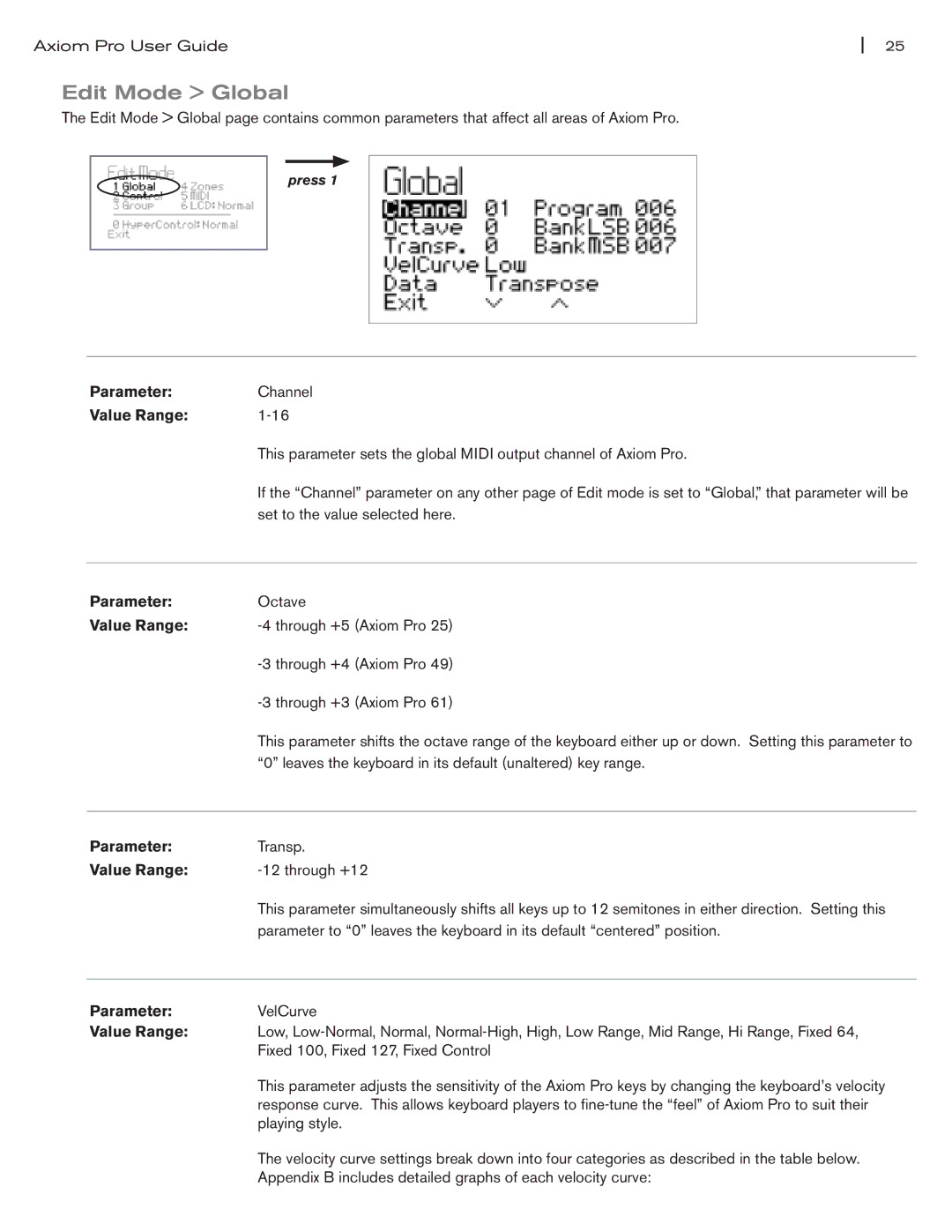 M-Audio Axiom Pro manual Edit Mode Global, Value Range, Parameter Octave, Parameter VelCurve 