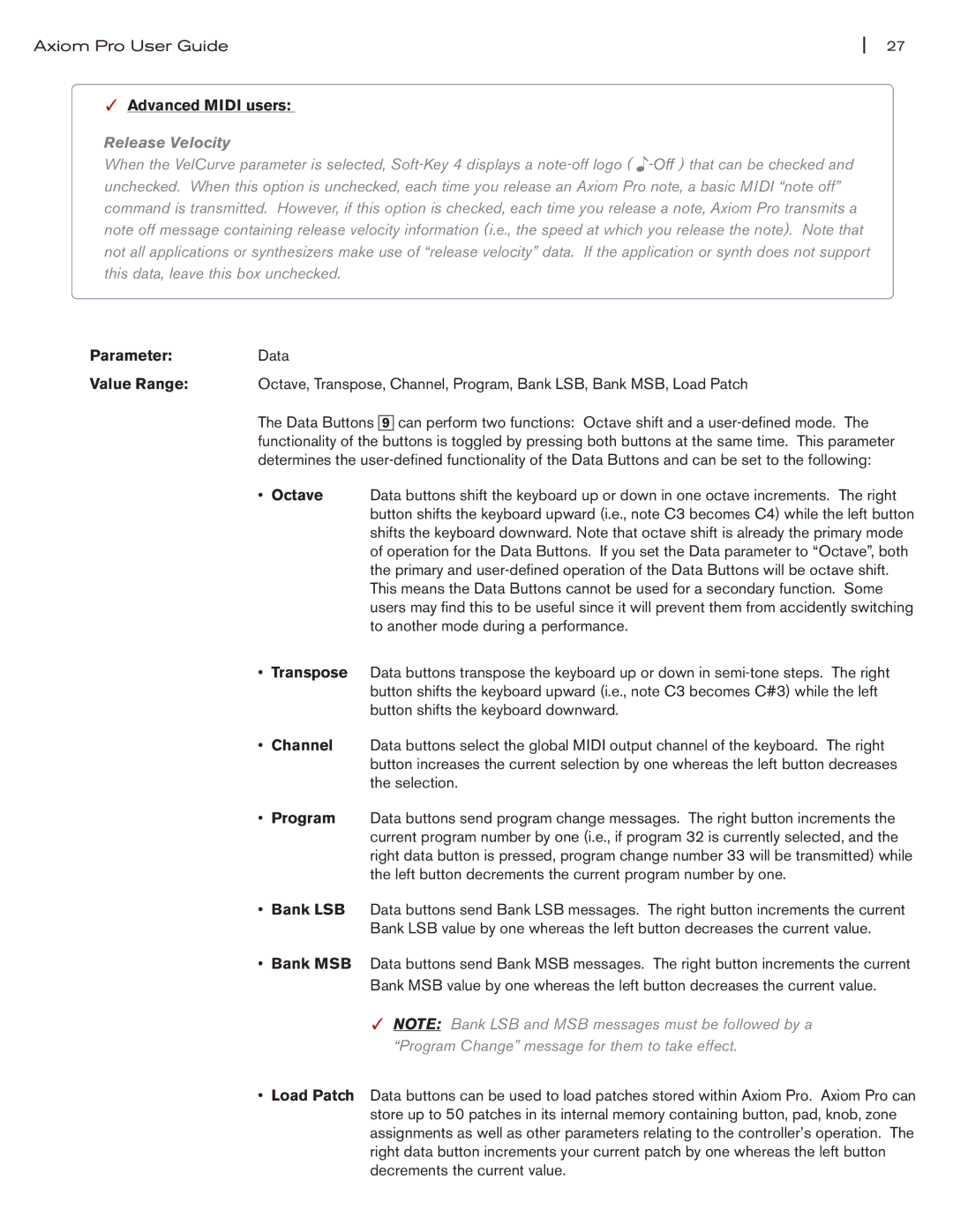 M-Audio Axiom Pro manual Advanced Midi users, Parameter Data 