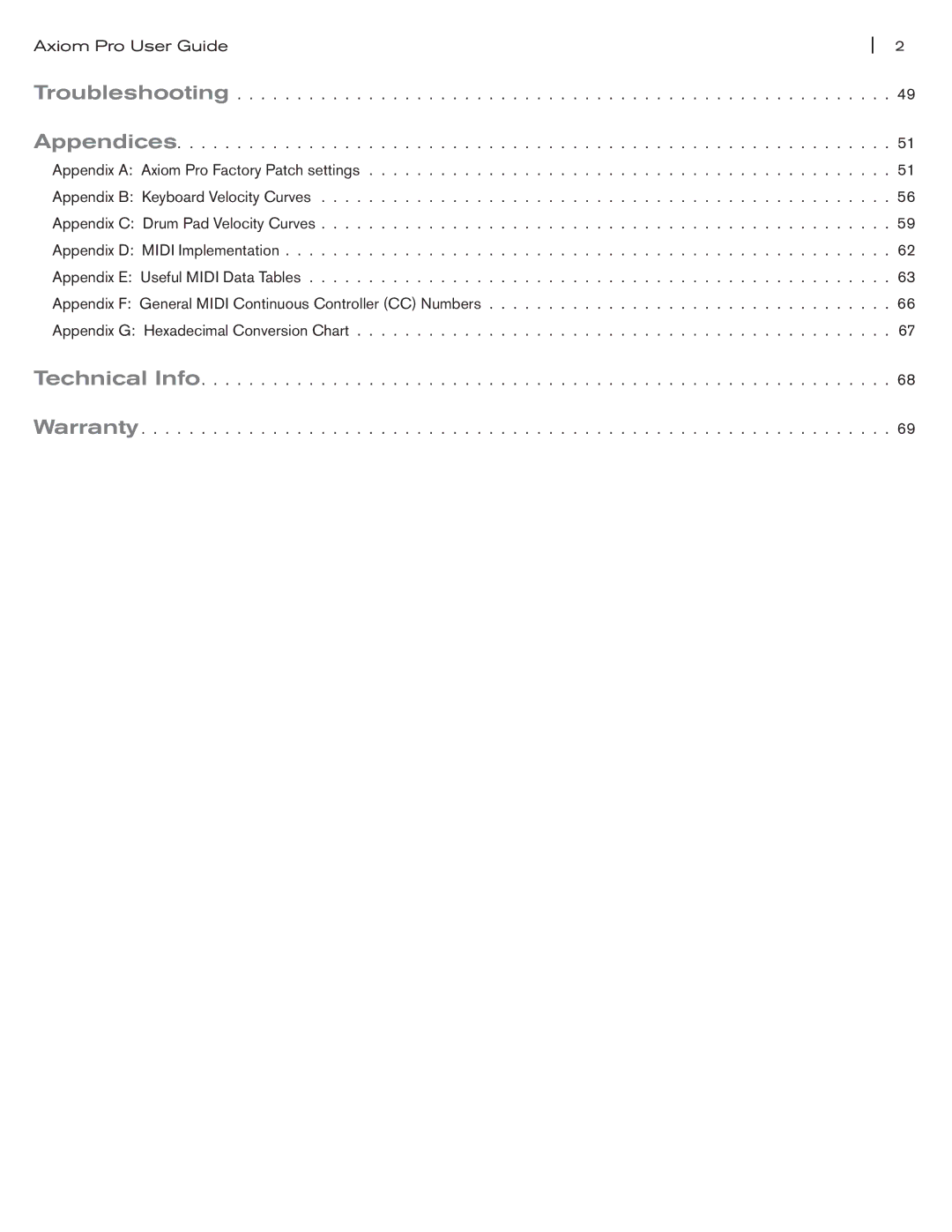 M-Audio Axiom Pro manual Troubleshooting Appendices, Technical Info Warranty 