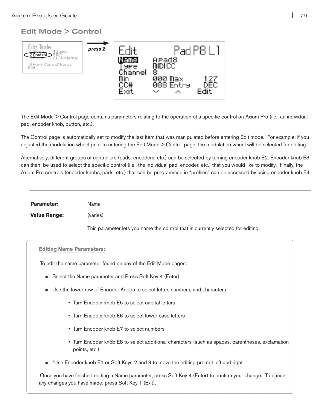 M-Audio Axiom Pro manual Edit Mode Control, Parameter Name Value Range Varies, Editing Name Parameters 