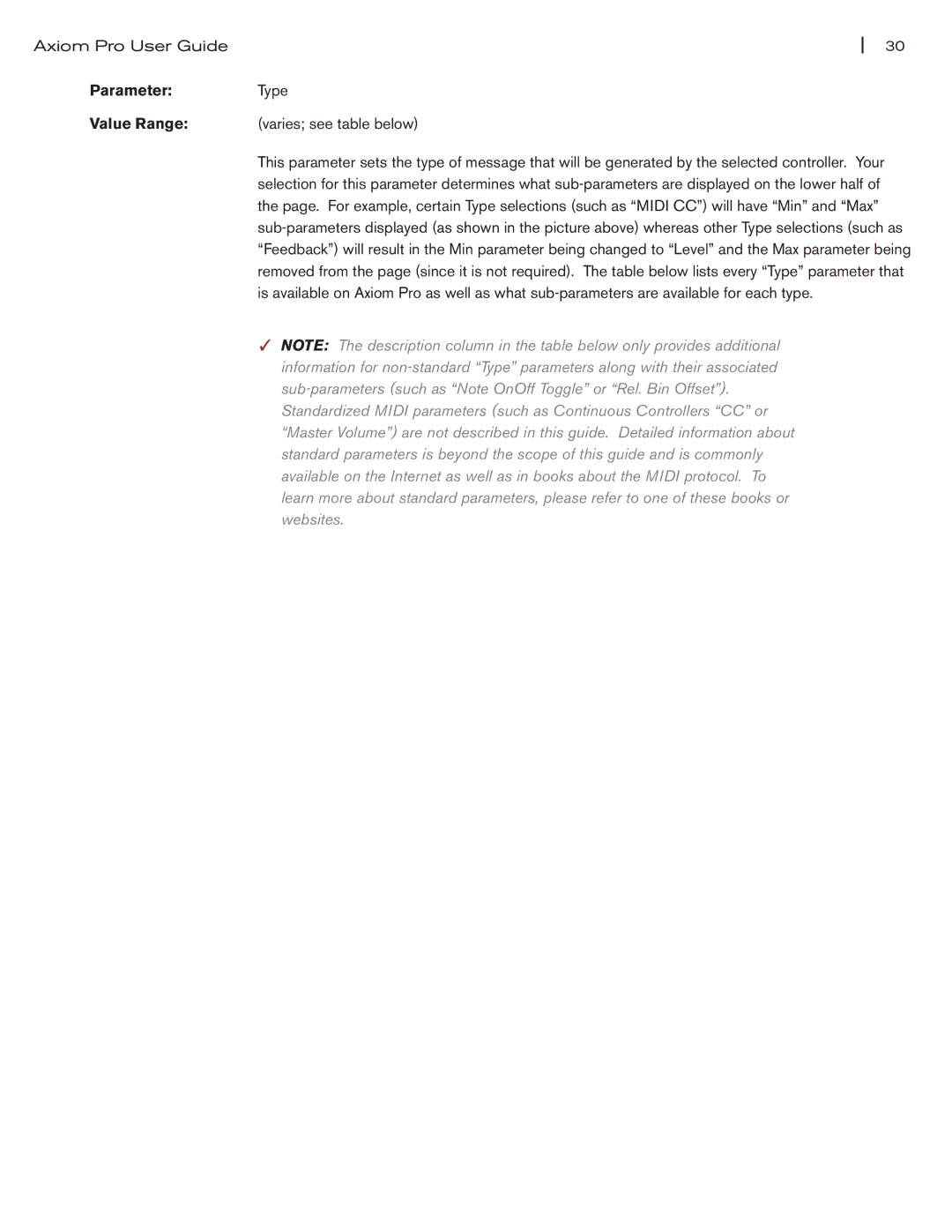 M-Audio Axiom Pro manual Sub-parameters such as Note OnOff Toggle or Rel. Bin Offset 