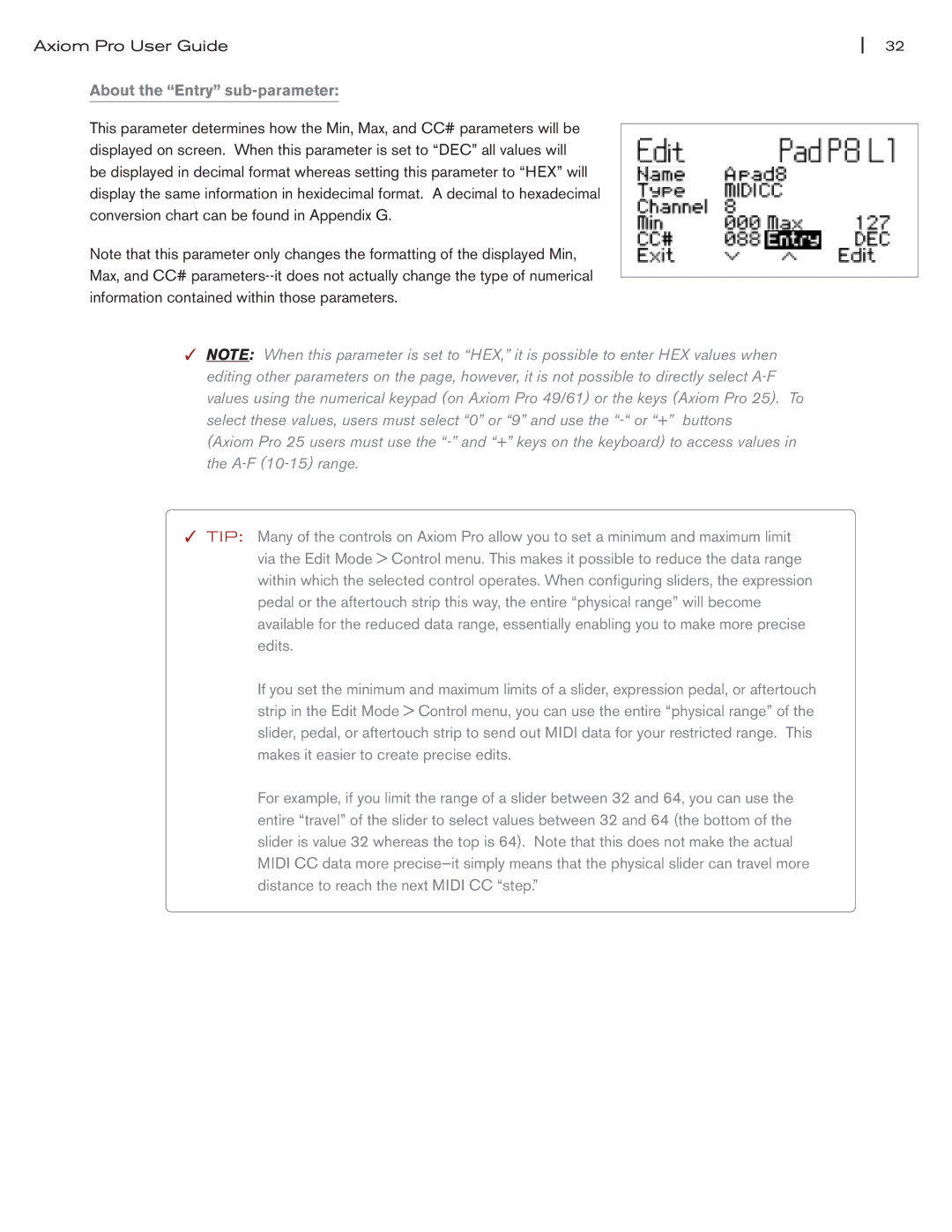 M-Audio Axiom Pro manual About the Entry sub-parameter 