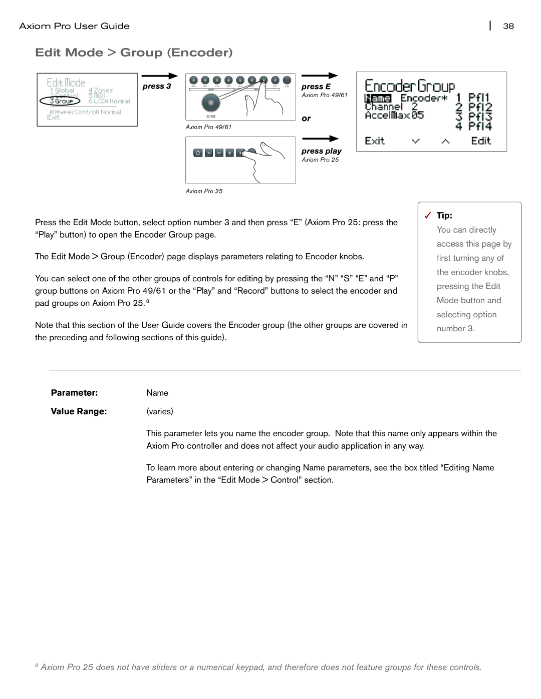 M-Audio Axiom Pro manual Edit Mode Group Encoder 