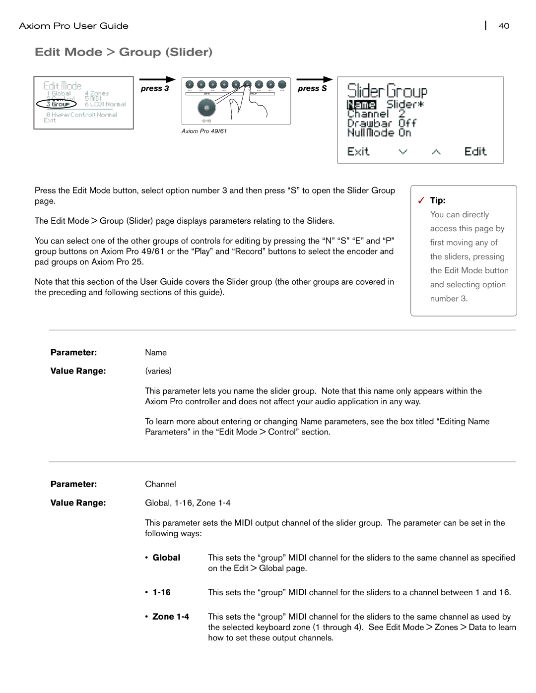 M-Audio Axiom Pro manual Edit Mode Group Slider 