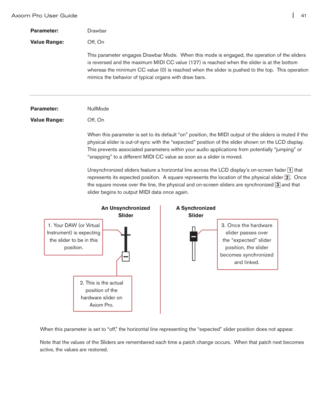 M-Audio Axiom Pro manual An Unsynchronized Slider, Synchronized Slider 