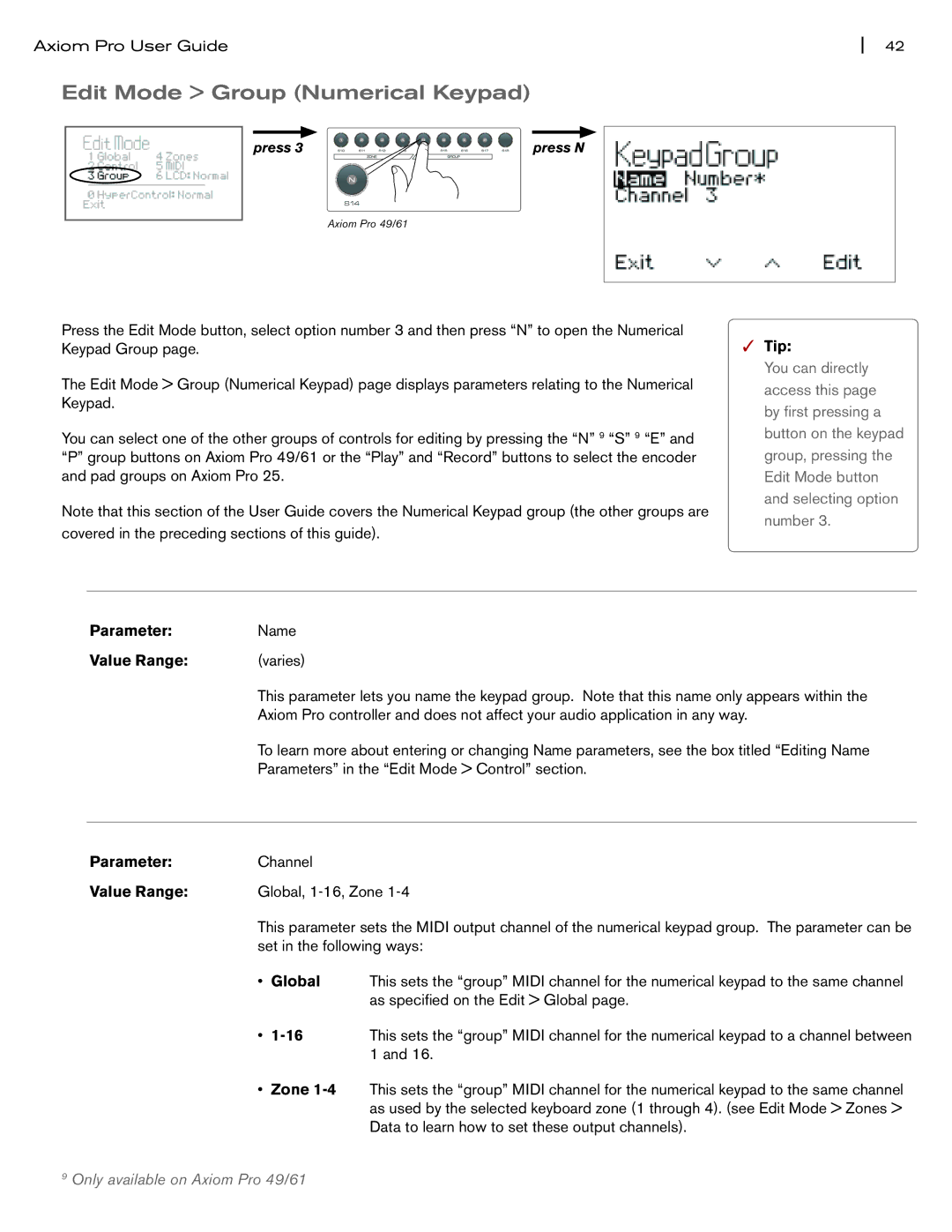 M-Audio Axiom Pro manual Edit Mode Group Numerical Keypad 