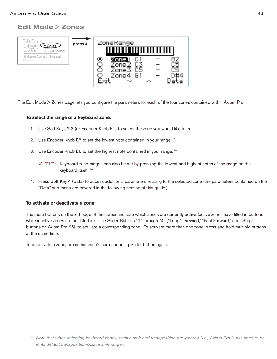 M-Audio Axiom Pro manual Edit Mode Zones, To select the range of a keyboard zone, To activate or deactivate a zone 