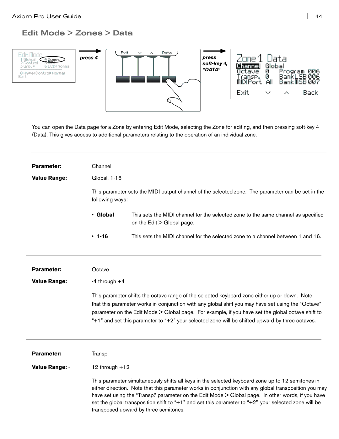 M-Audio Axiom Pro manual Edit Mode Zones Data, Global 