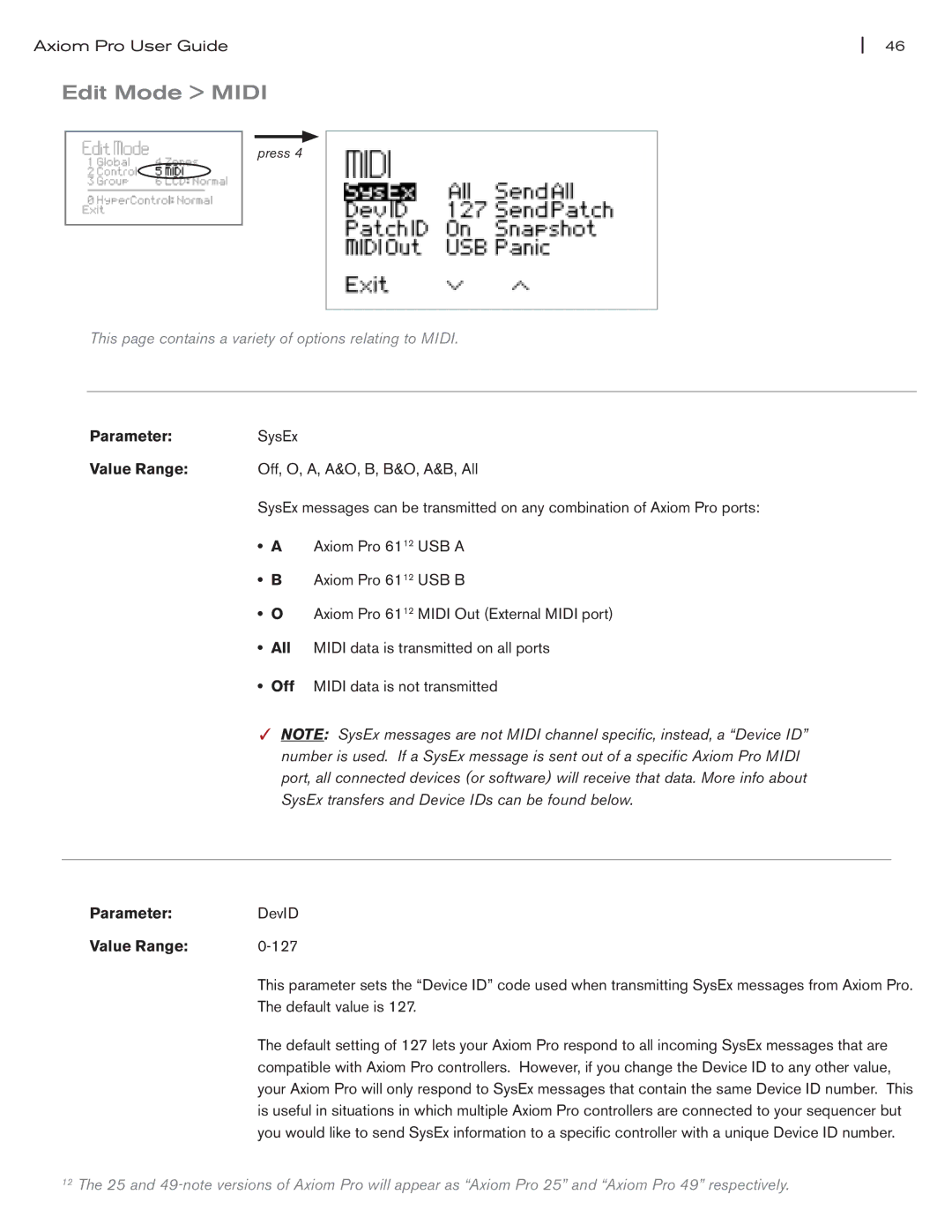 M-Audio Axiom Pro manual Edit Mode Midi, Parameter SysEx 