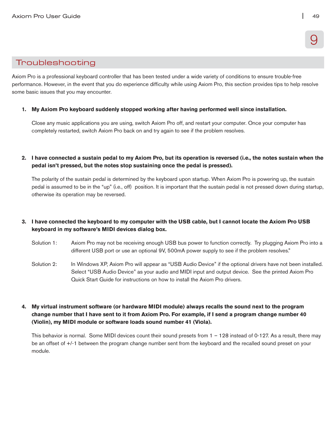 M-Audio Axiom Pro manual Troubleshooting 