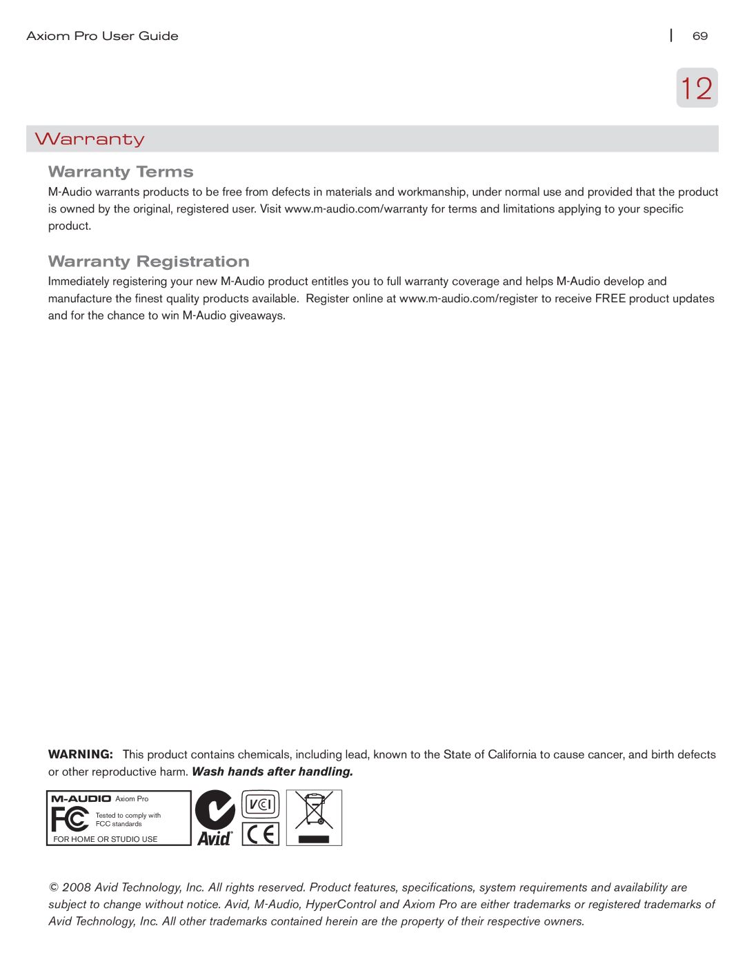 M-Audio Axiom Pro manual Warranty Terms Warranty Registration 