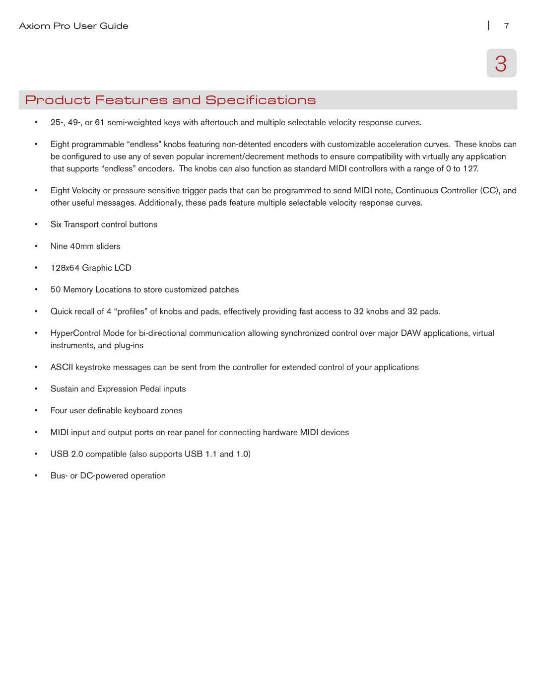 M-Audio Axiom Pro manual Product Features and Specifications 