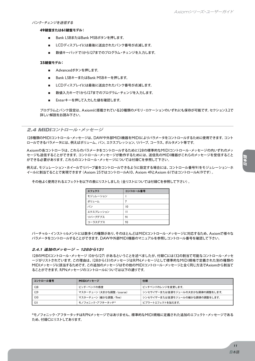 M-Audio Axiom manual Bank LSBまたはBank MSBボタンを押します。, Bank LSBキーまたはBank MSBキーを押します。, Midiコントロール・メッセージ, 1 追加のメッセージ 128から131 