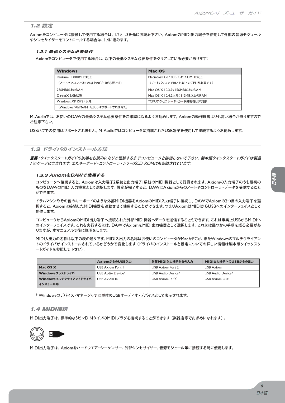 M-Audio manual ドライバのインストール方法, AxiomをDAWで使用する, 1 最低システム必要条件 